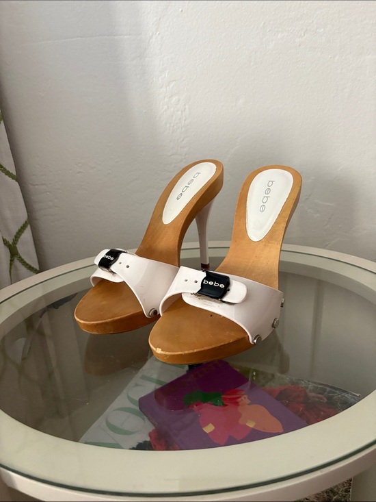 bebe Shoes - 2000s bebe White Wooden Heels with Black Buckle